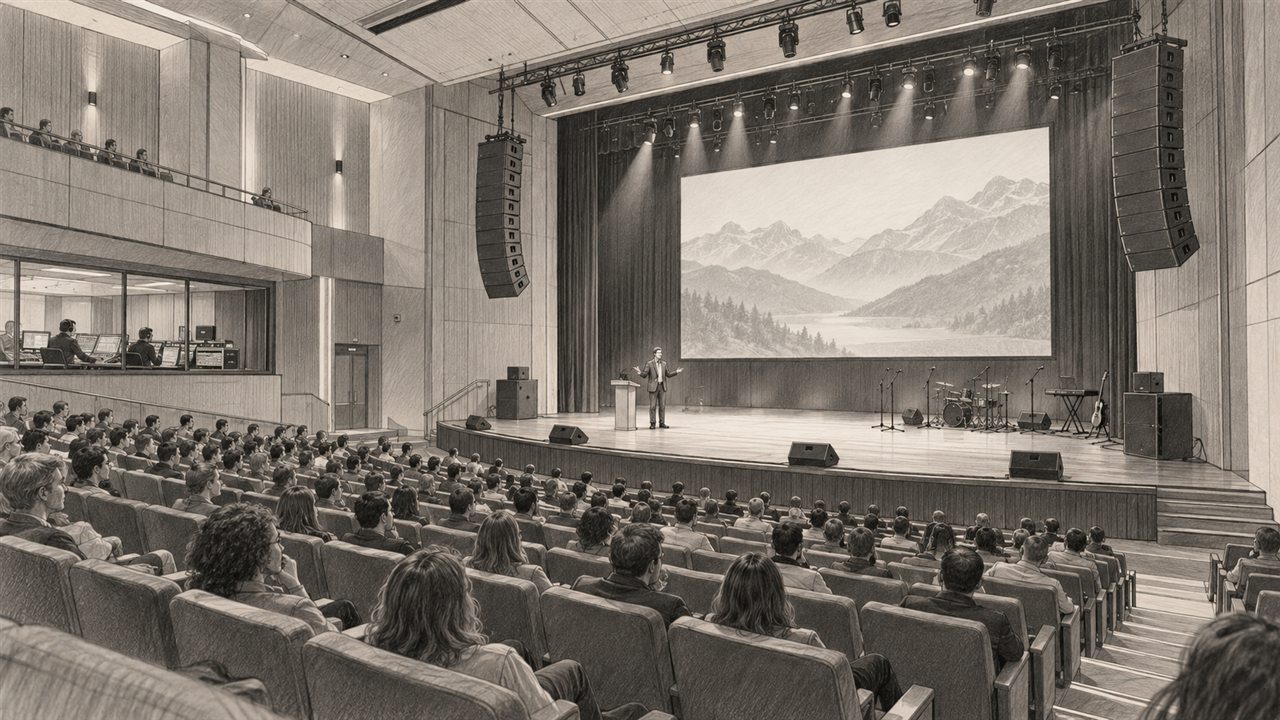 Concept sketch of an auditorium with large projection, line-array sound and stage lighting