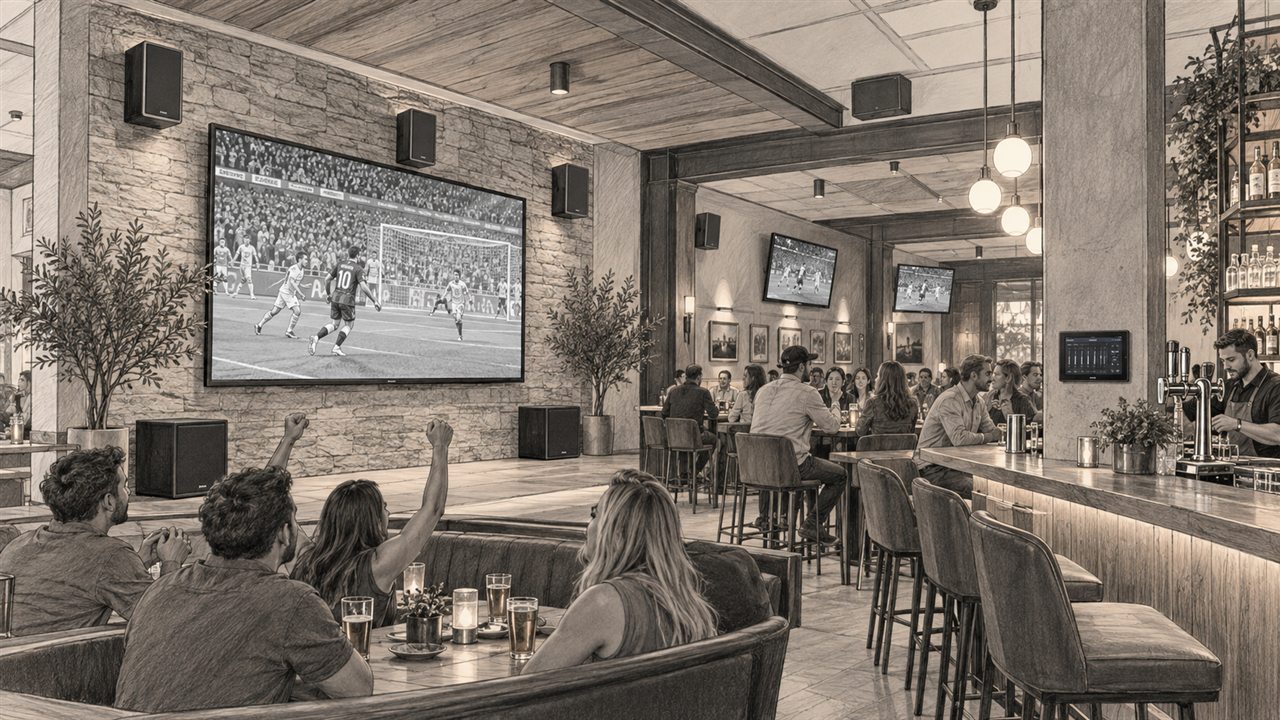 Concept sketch of a bar with a large sports screen, installed loudspeakers, subwoofers and zoned audio control