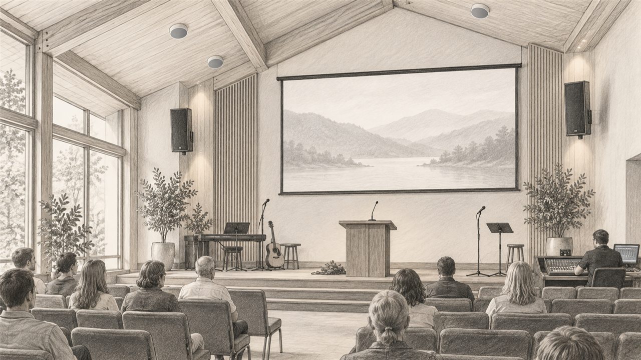 Concept sketch of a church or community hall with projection, installed sound, microphones and simple control