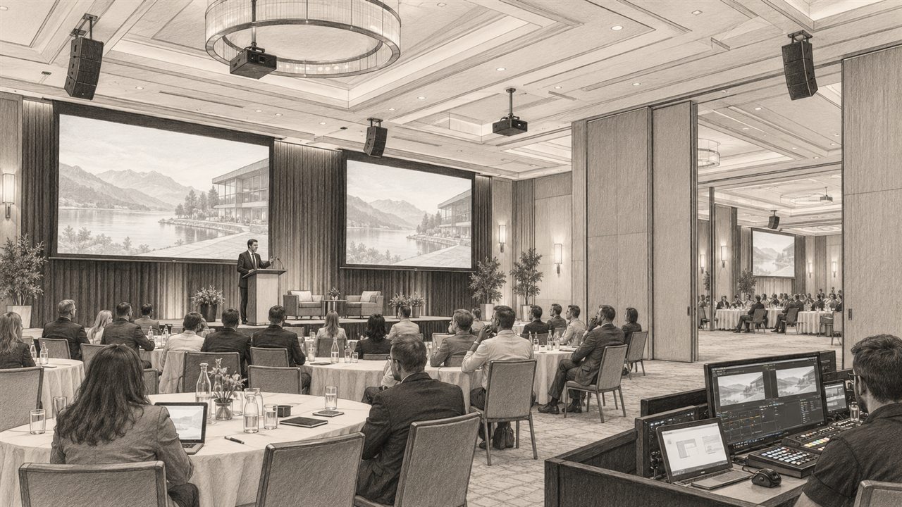 Concept sketch of a flexible conference centre with projection, installed sound and integrated control