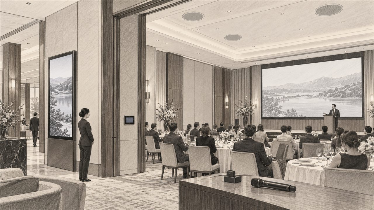 Concept sketch of a hotel function room with ceiling speakers, presentation display, digital signage and microphones