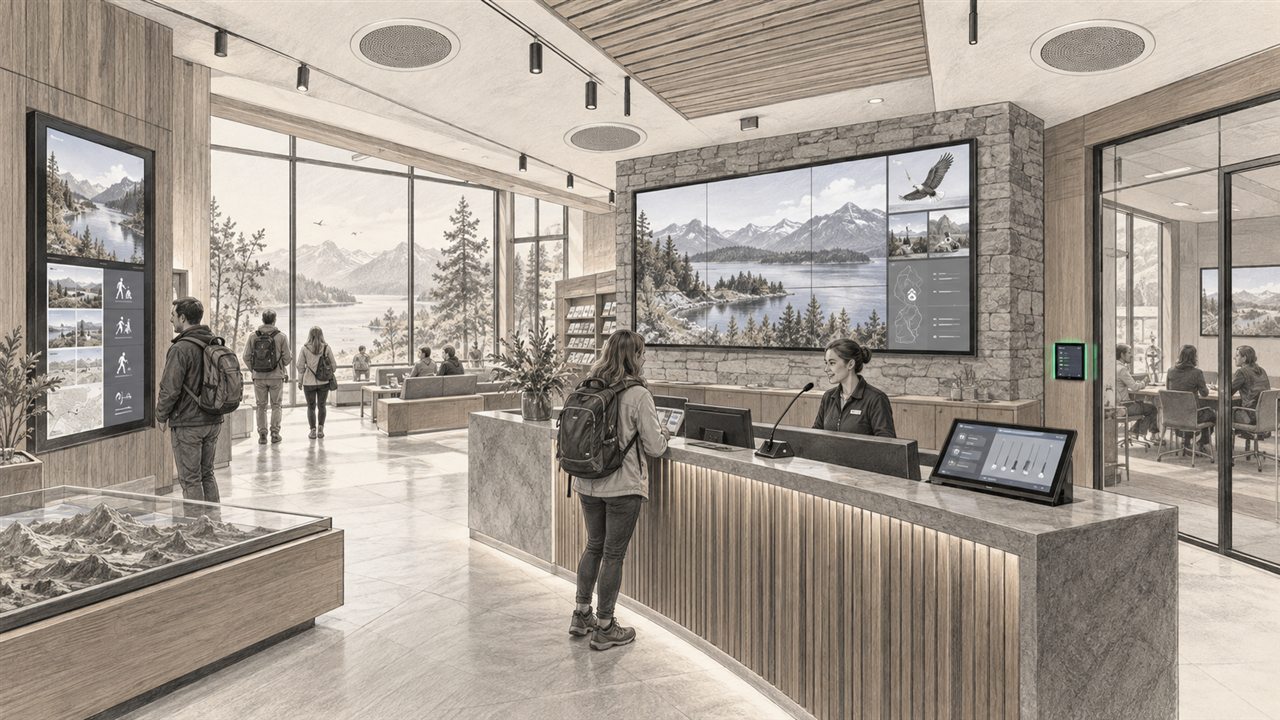 Concept sketch of a public visitor centre with digital signage, information displays, paging and ceiling audio