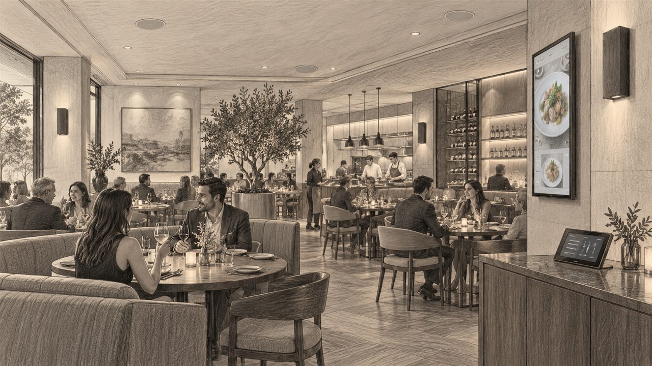 Concept sketch of a restaurant with discreet ceiling and wall speakers, zoned background music and digital menu display