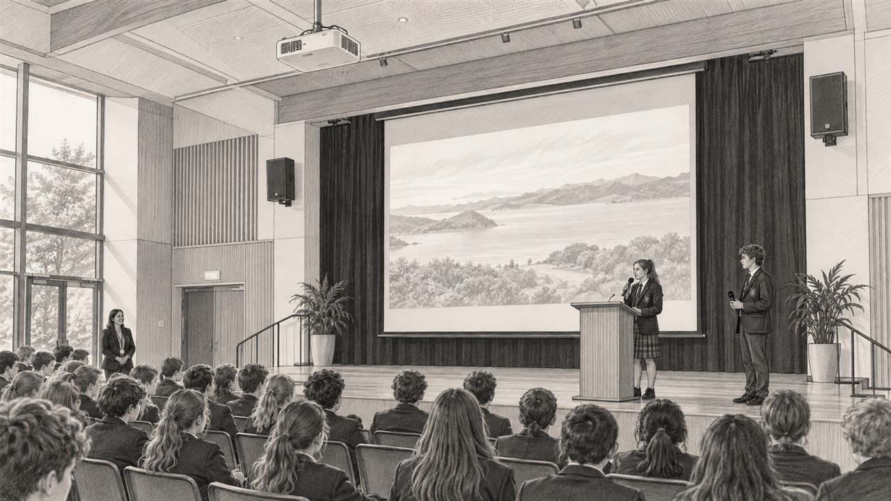 Concept sketch of a school hall with installed projector, large screen, speakers and wireless microphones