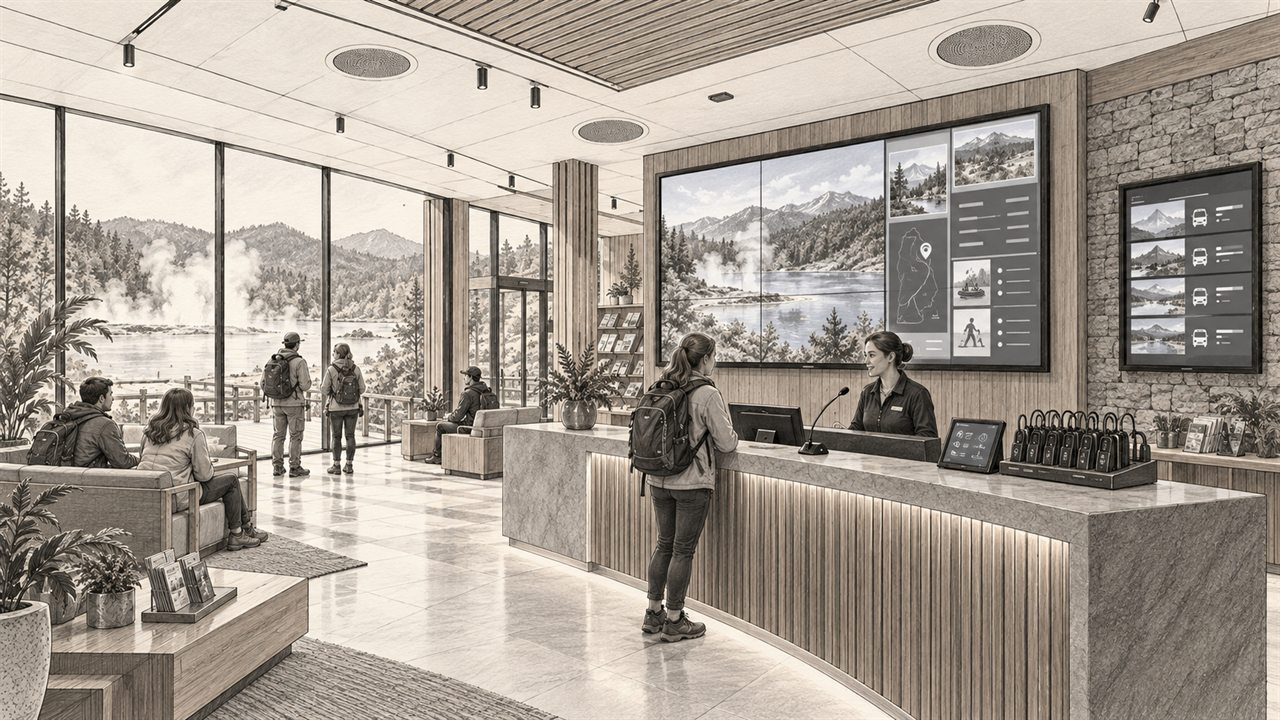 Concept sketch of a Rotorua tourism operator with visitor information and pricing displays, paging audio and translation receivers