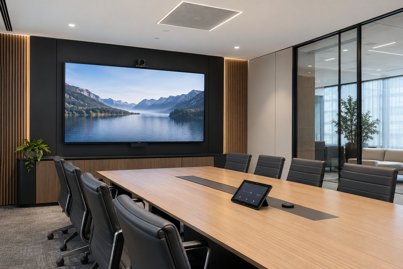 Modern boardroom with integrated display, video conferencing camera, ceiling audio and touch control
