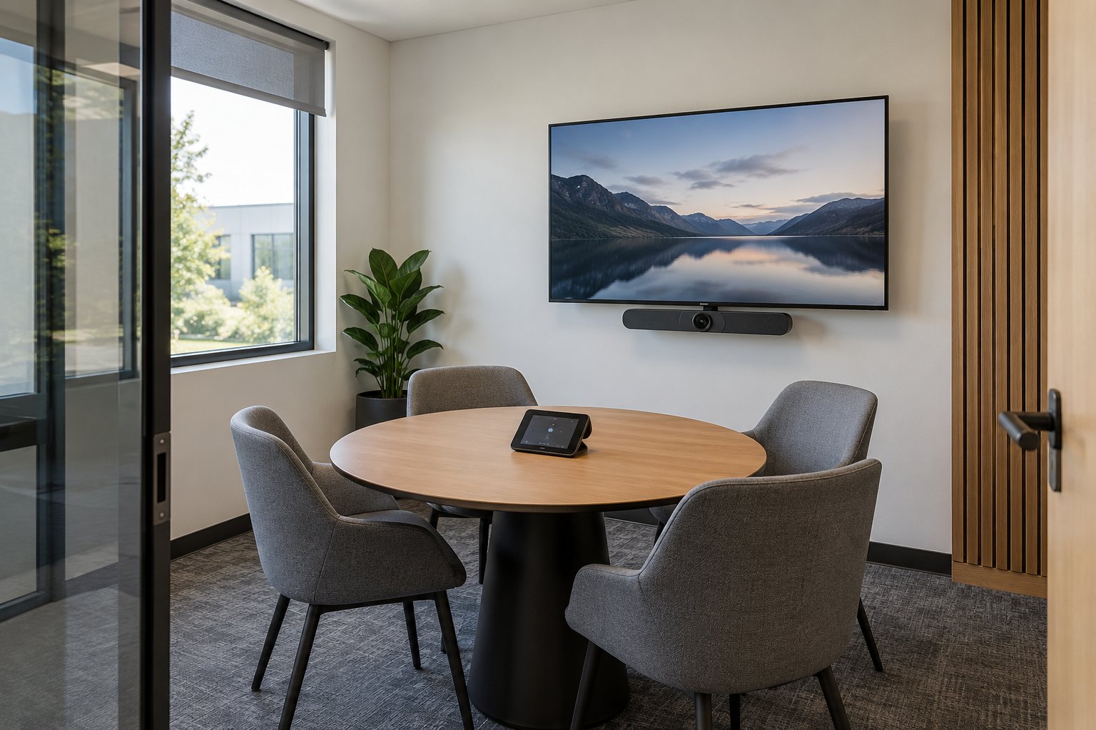 Concept image of a compact four-person video-conferencing room